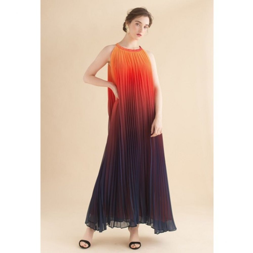 Chicwish Orange to Navy Ombre Pleated Maxi Dress